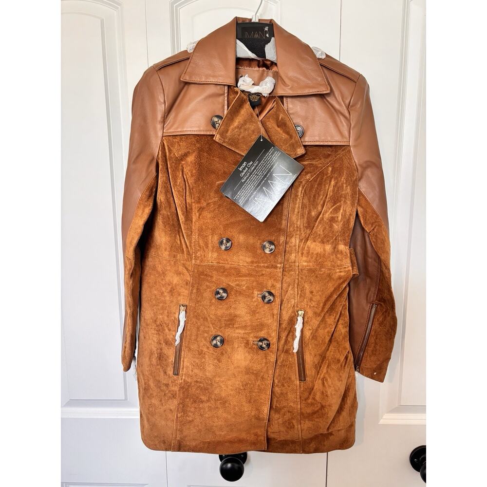 IMAN Global Chic Suede Leather Trench Belt 70s Retro Boho Coat Double Breast XS - Picture 10 of 13
